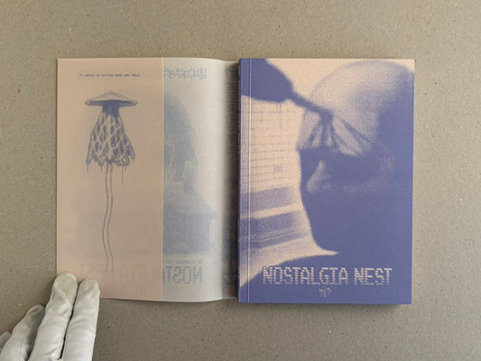 Open copy of Nostalgia Nest – The Salamander King, showing a spread with a mushroom-like drawing on the left page and a blue-toned cover on the right.