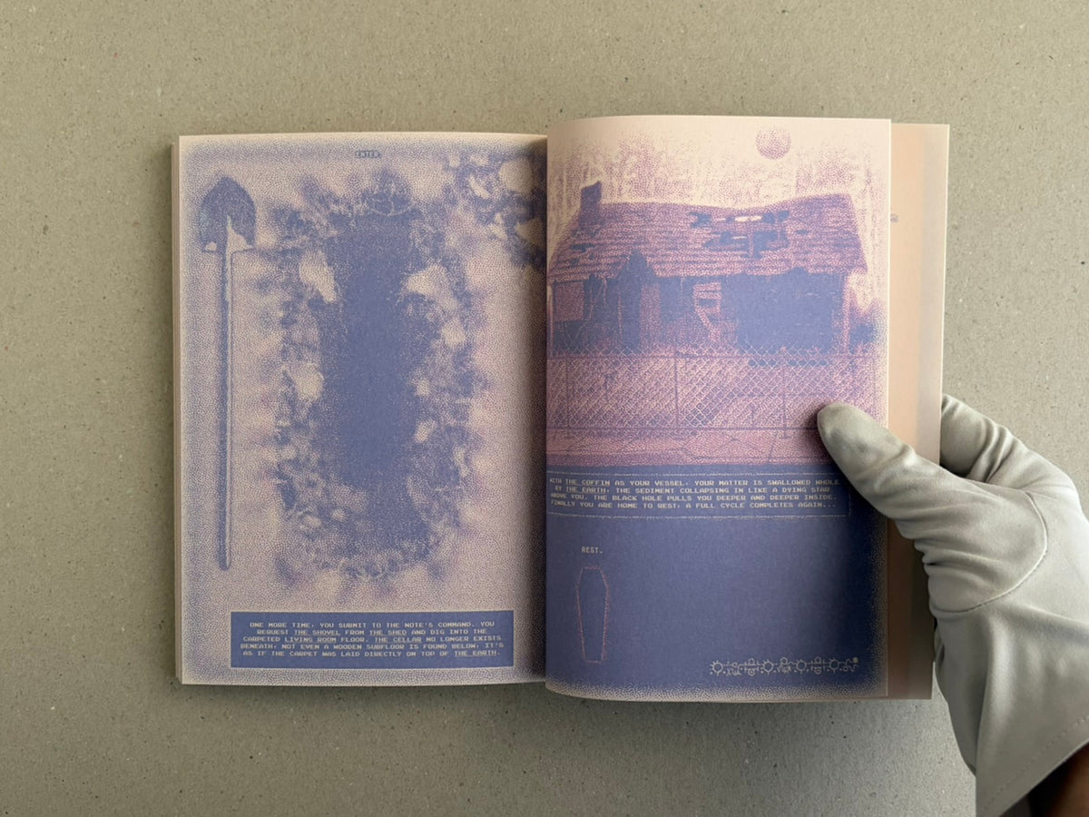 Open spread of Nostalgia Nest – The Salamander King, showing two printed pages with purple-toned imagery and small text, held open by a gloved hand.