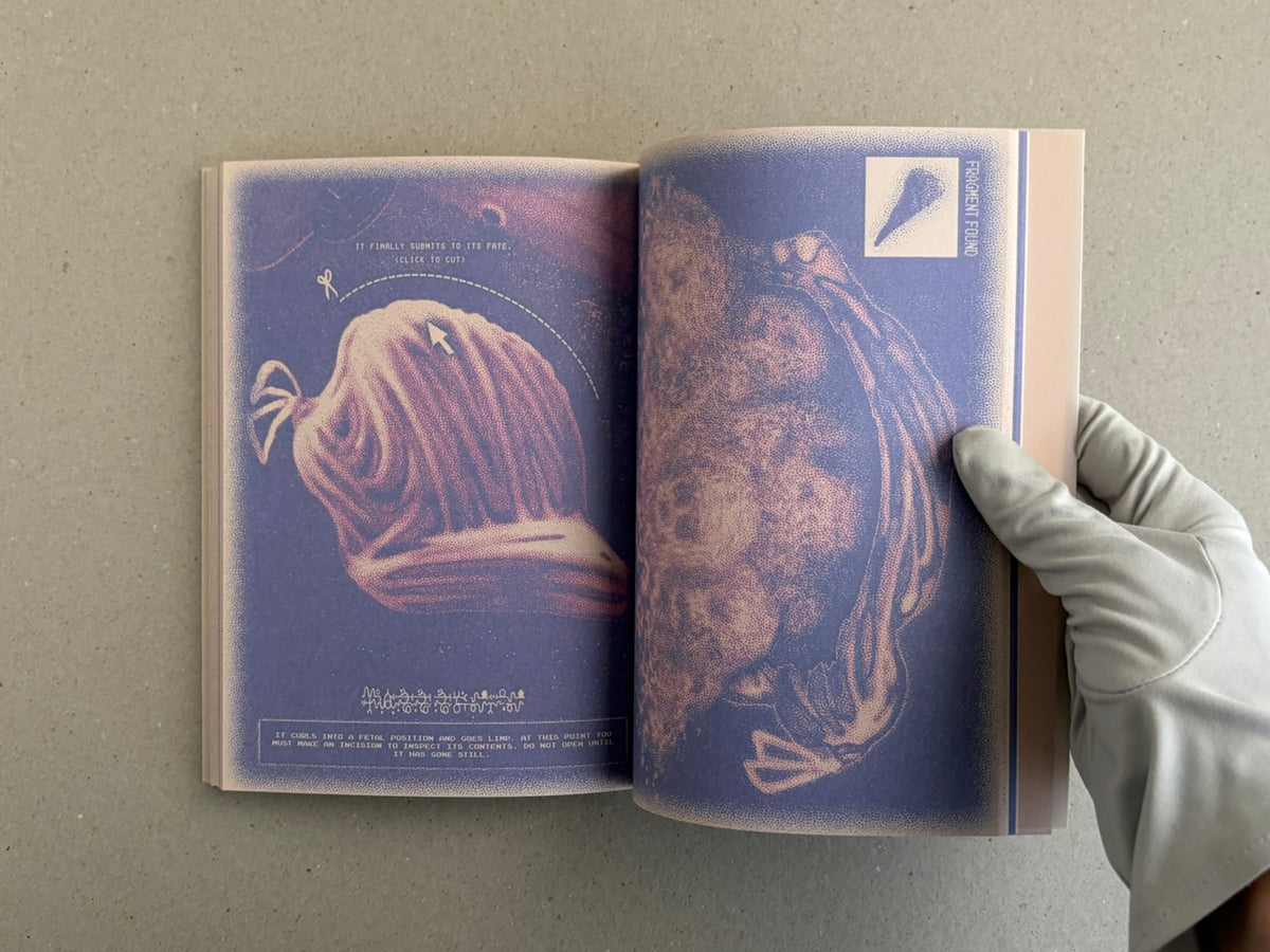 Open book spread from Nostalgia Nest – The Salamander King, showing two illustrated pages with blue and pink artwork and small printed text, held open by a gloved hand.