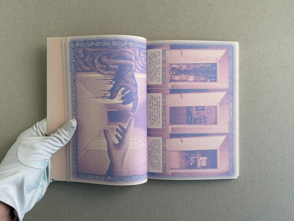 Open spread of Nostalgia Nest – The Salamander King, showing a gloved hand holding the book and interior pages with purple-toned illustrations and small text panels.