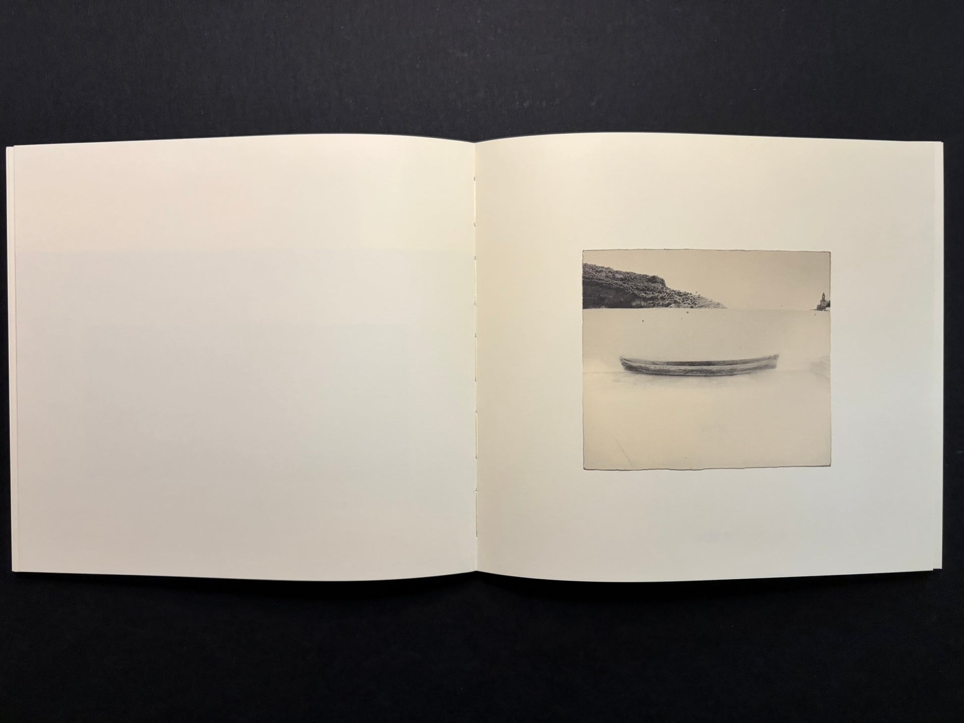 Open Nusa spread with a small vertical image on the left page and a bird on a branch at right