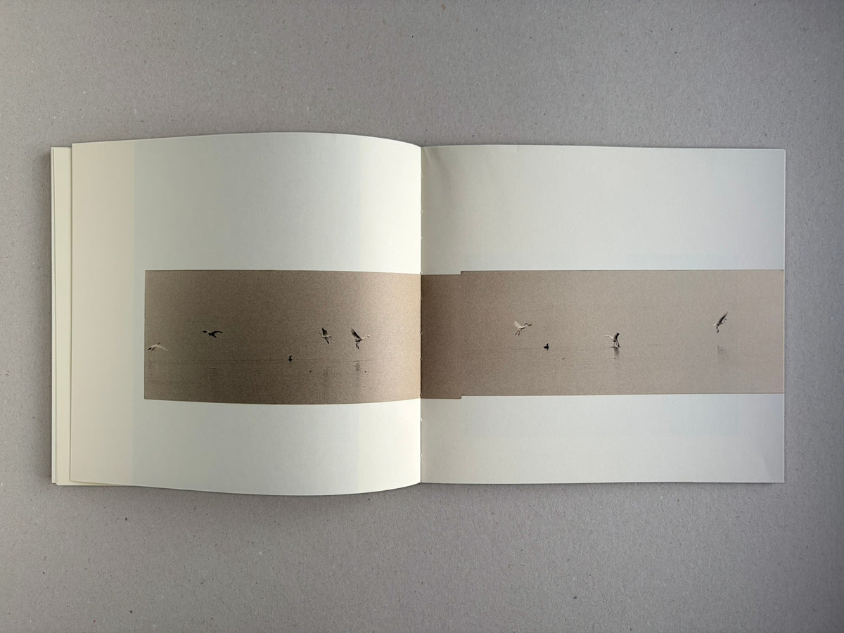 Nusa by Masao Yamamoto, open spread with a narrow landscape image and a small figure