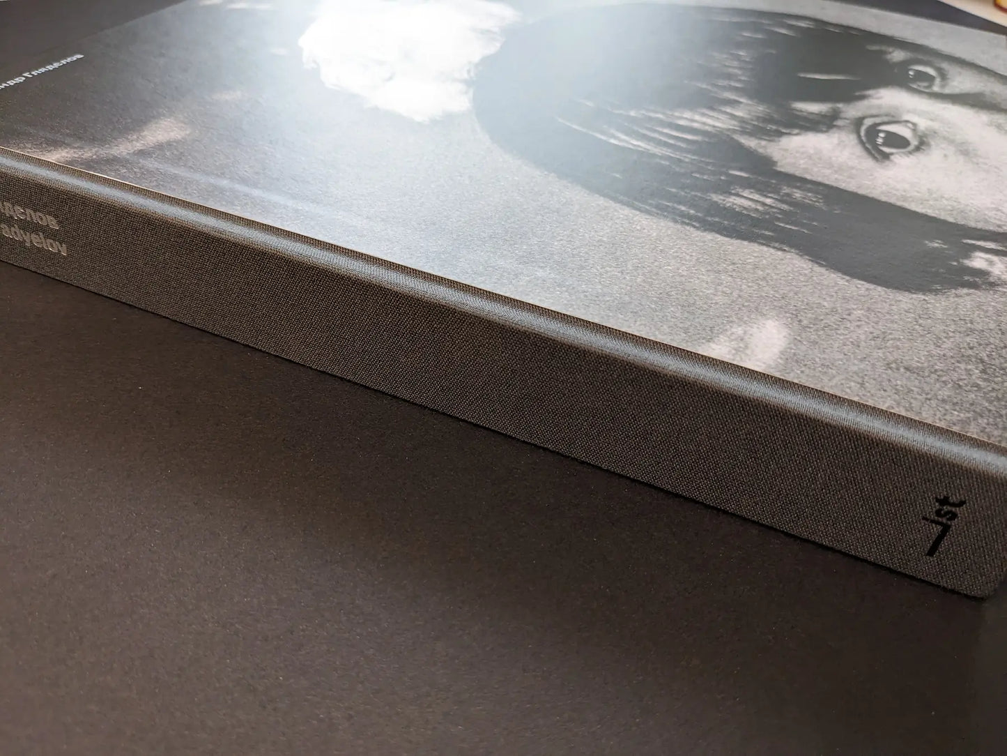 Cloth-bound spine of the “Oleksandr Glyadyelov” photobook by IST Publishing, with the title printed along the edge.