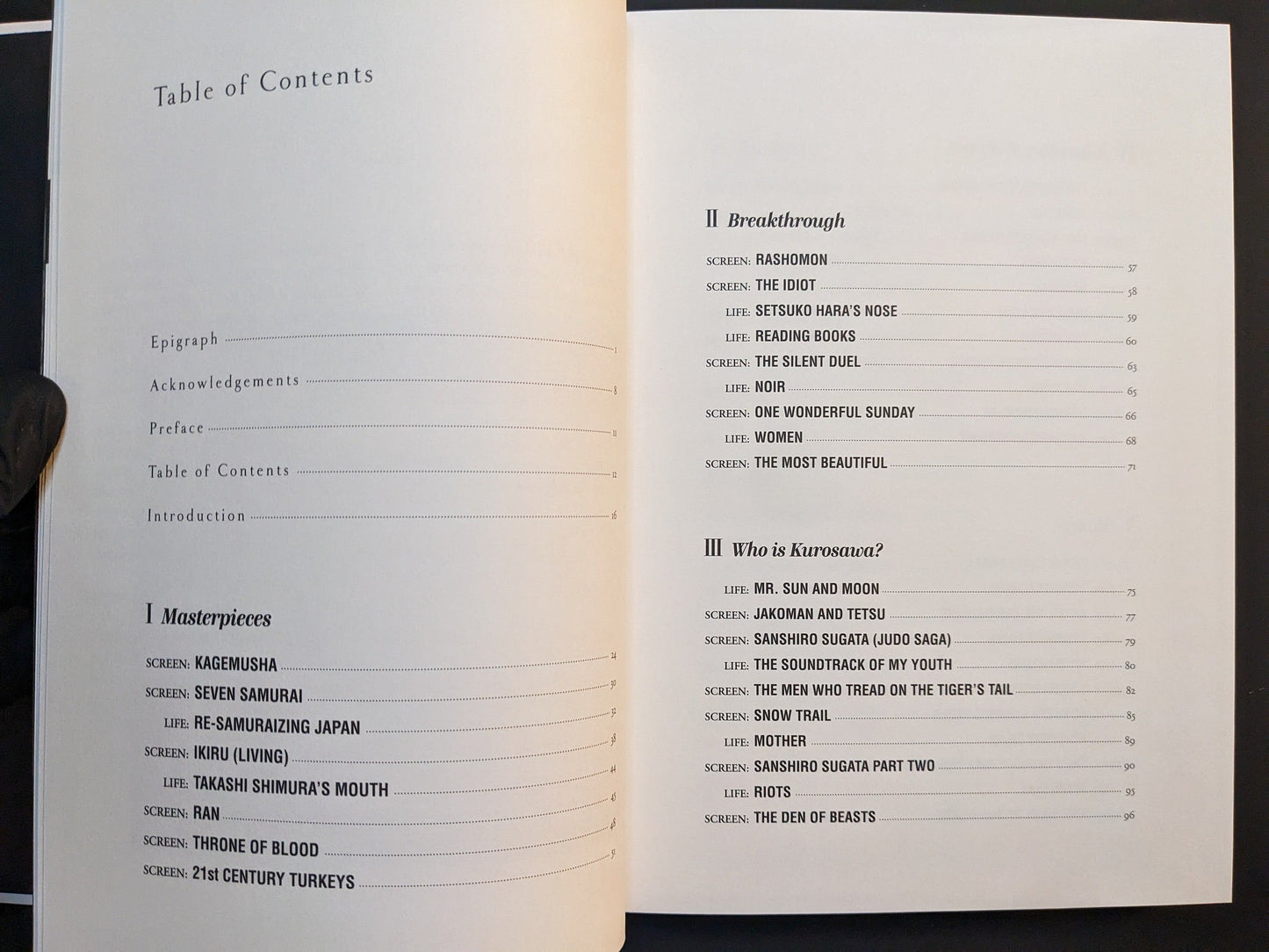 Table of contents listing essays and film-inspired sections in “On Kurosawa.”