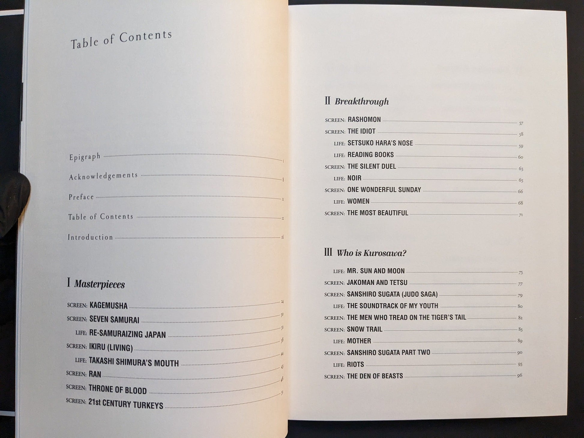 Table of contents listing essays and film-inspired sections in “On Kurosawa.”