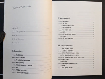 Table of contents listing essays and film-inspired sections in “On Kurosawa.”