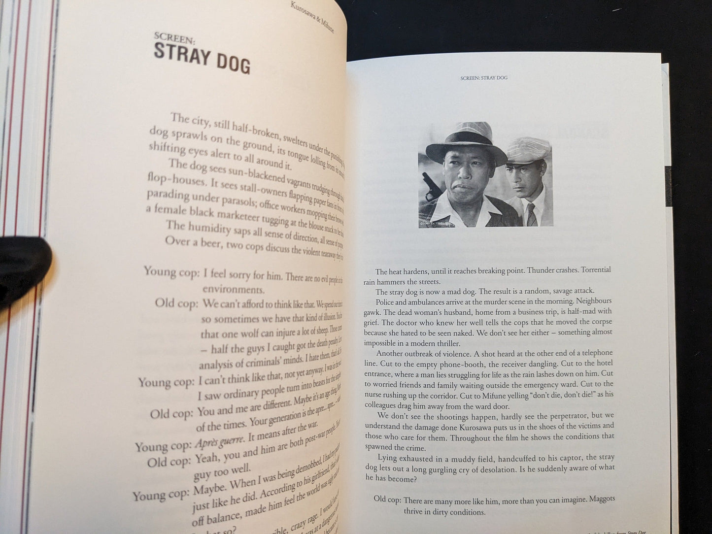 Interior spread: essay ‘Stray Dog’ with text and a small still of Toshiro Mifune and Takashi Shimura, from On Kurosawa by Peter Tasker (Zen Foto Gallery, 2018).