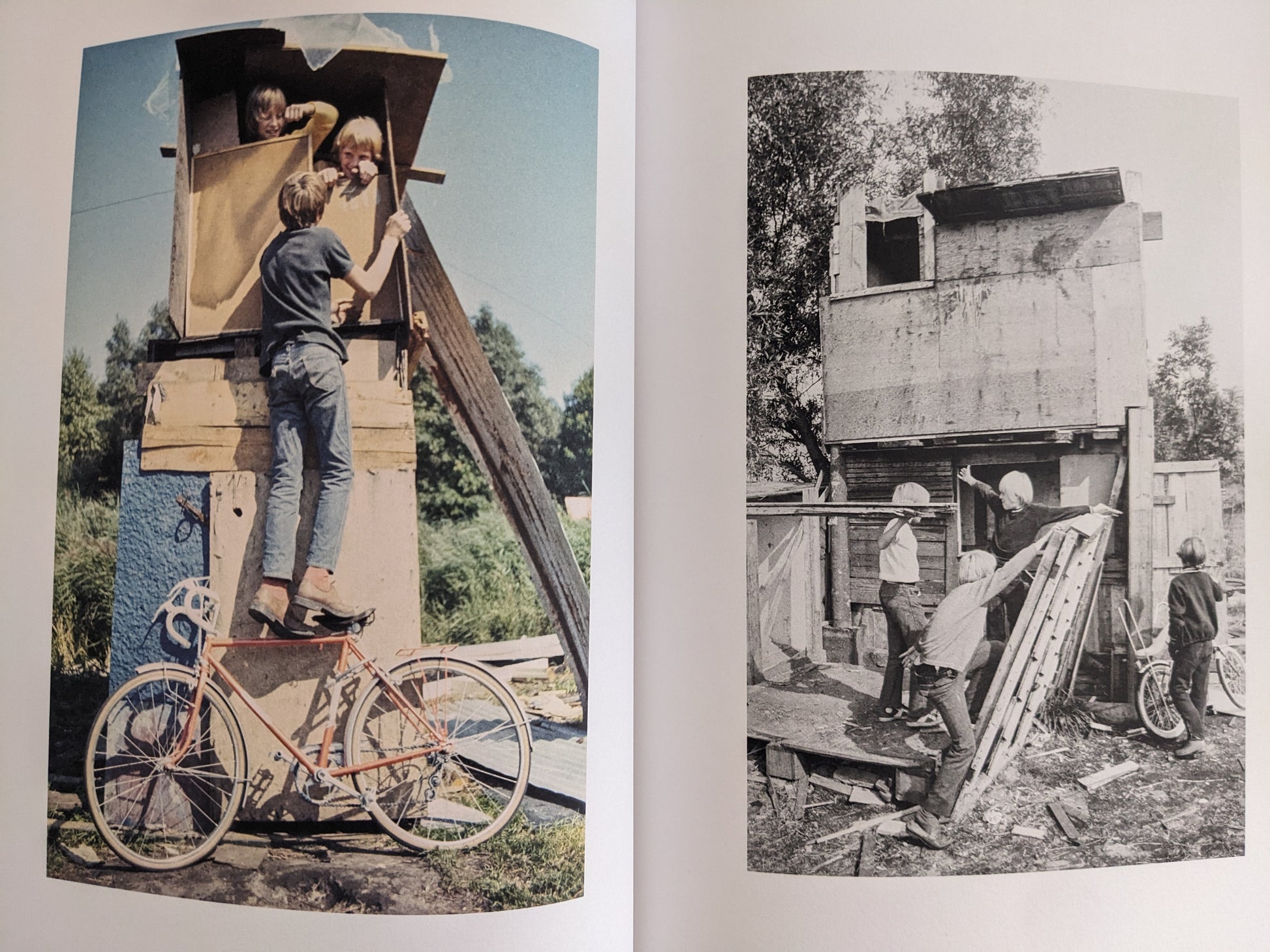 Open spread with colour and black-and-white photographs of children climbing and working on makeshift structures.