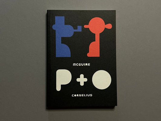 P+O by Richard McGuire, front cover on a black background with simplified blue and red figures and the Cornélius imprint