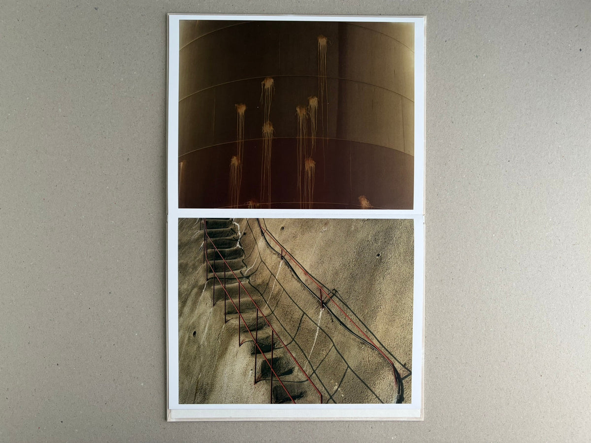 Open leporello spread from Painting – Toshio Shibata, showing two colour photographs of industrial landscape details.