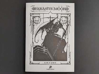 Front cover of the book 'Parasite Moon Orchestra' by Ghaaro, showing a gothic, surreal illustration in black and white.