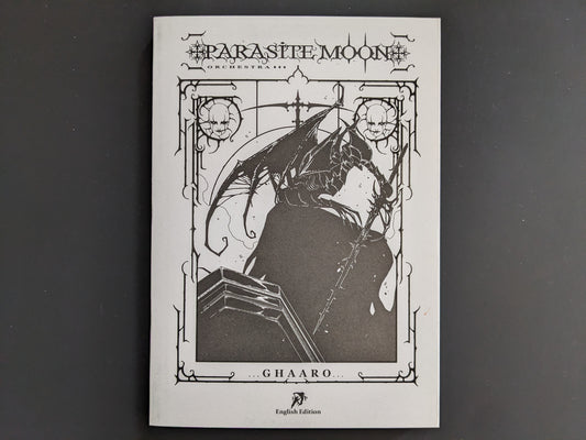 Front cover of the book 'Parasite Moon Orchestra' by Ghaaro, showing a gothic, surreal illustration in black and white.