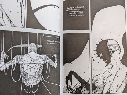 Graphic panel from 'Parasite Moon Orchestra' with abstract medical and anatomical drawings in a dark aesthetic.