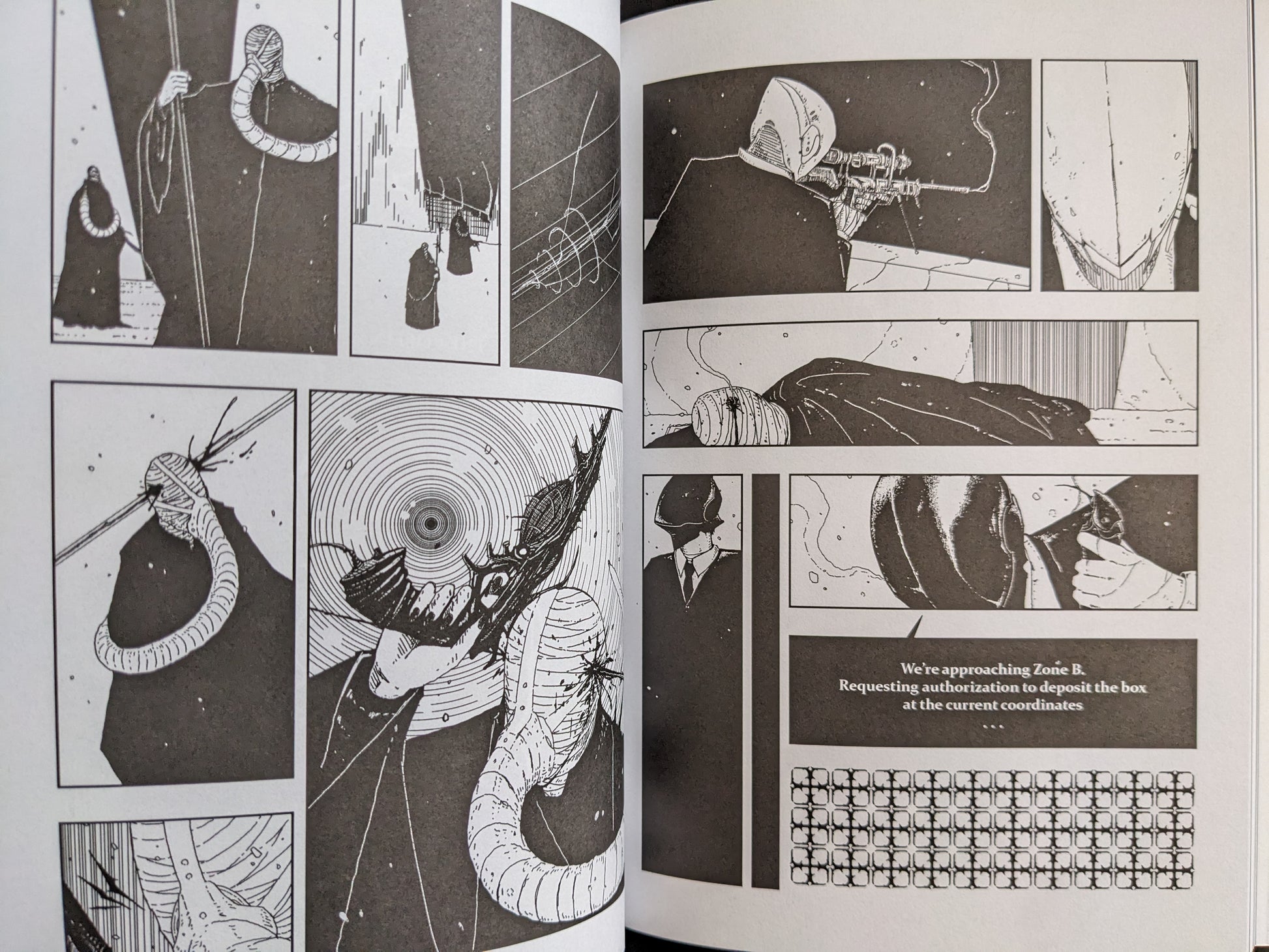 Interior spread showing masked figures, surveillance, and surreal forms in a grayscale dystopian environment.