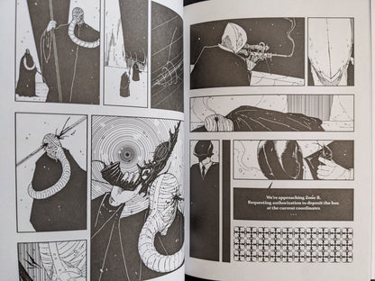 Interior spread showing masked figures, surveillance, and surreal forms in a grayscale dystopian environment.