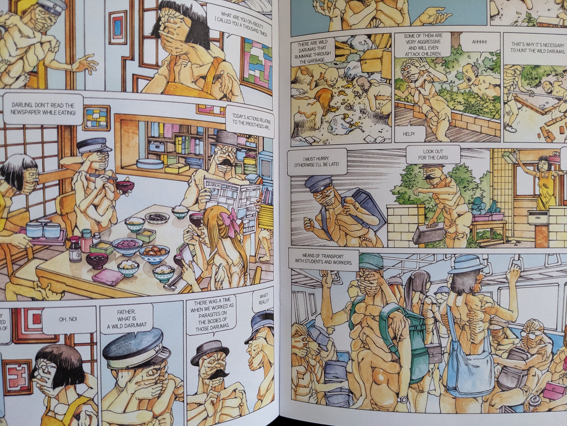 Comic page from "Parasitic City #0.3" by Shintaro Kago showing humanoid figures with hands for faces in domestic and urban settings, depicting dystopian social commentary