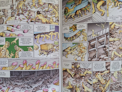 Comic spread from "Parasitic City #0.3" by Shintaro Kago portraying a society of leg-creatures performing labor, being discarded, and discussing societal roles in a grotesque allegory