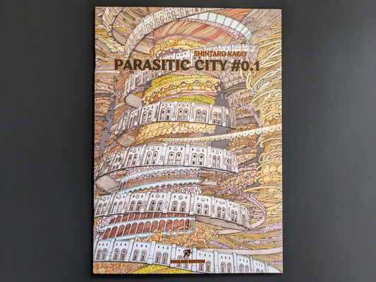 Front cover of "Parasitic City #0.1" by Shintaro Kago showing a surreal, spiraling architectural structure in full color.
