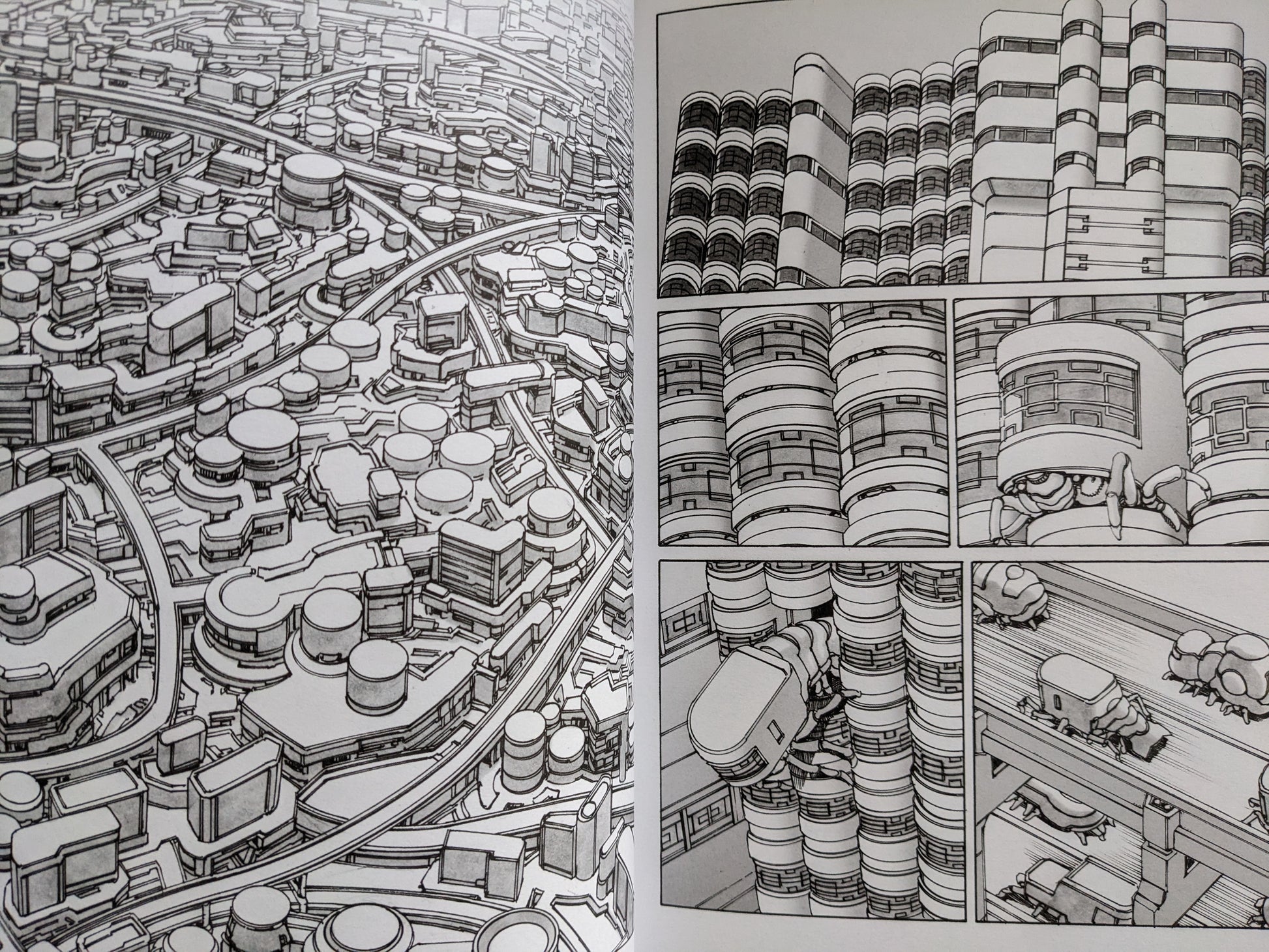 Highly detailed dystopian cityscape depicting futuristic architecture and mechanical parasites integrated into urban life