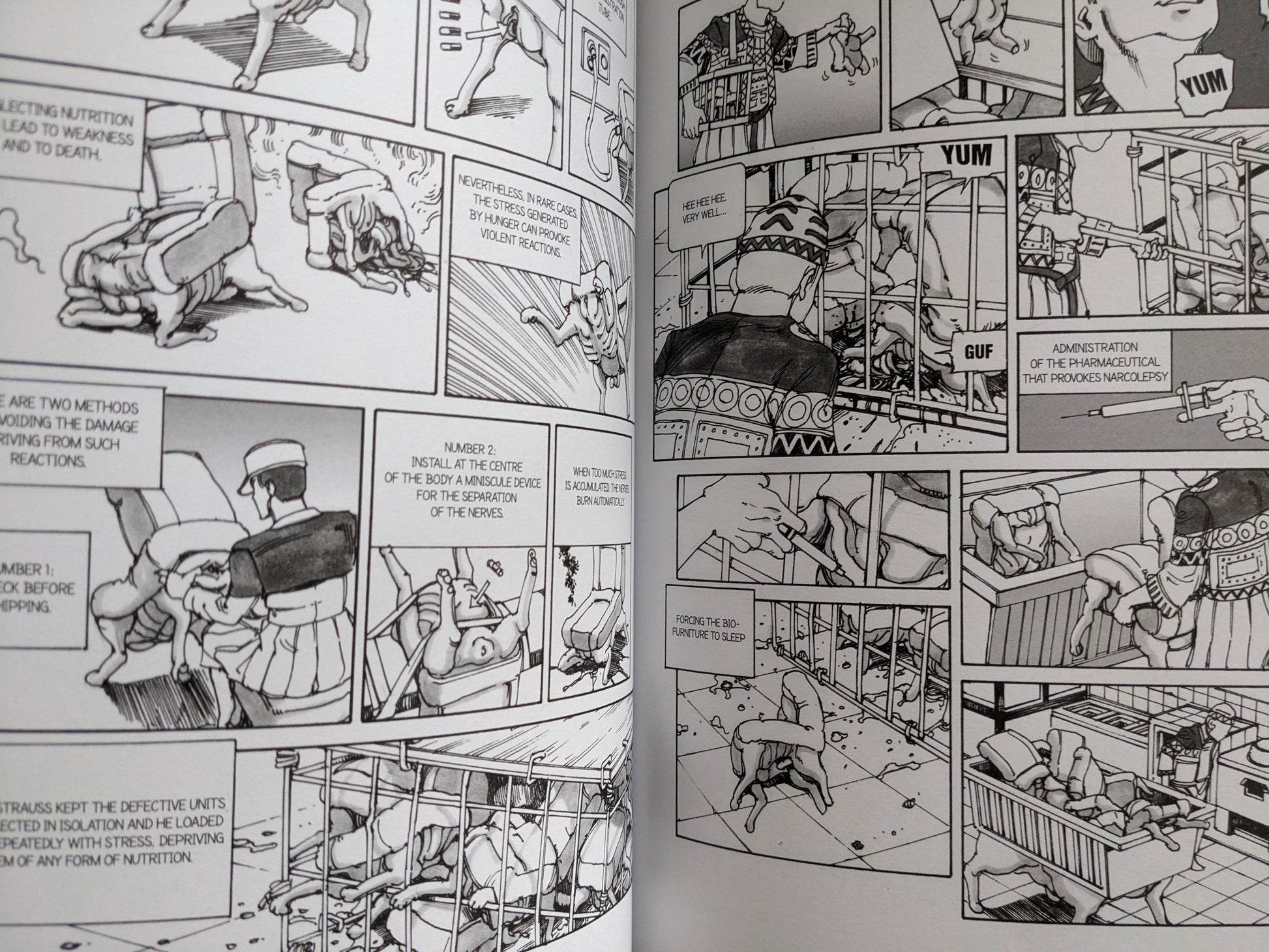 Narrative turns to scenes of pharmaceutical abuse, prosthetic bio-objects, and grotesque confinement of test subjects