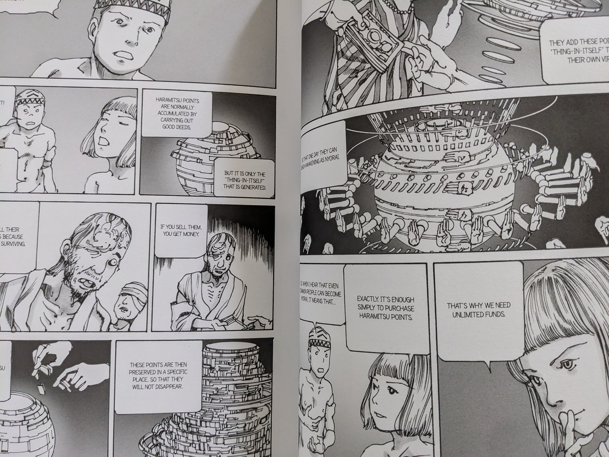 Philosophical dialogue on the commodification of morality, where good deeds translate into tradable reincarnation credits