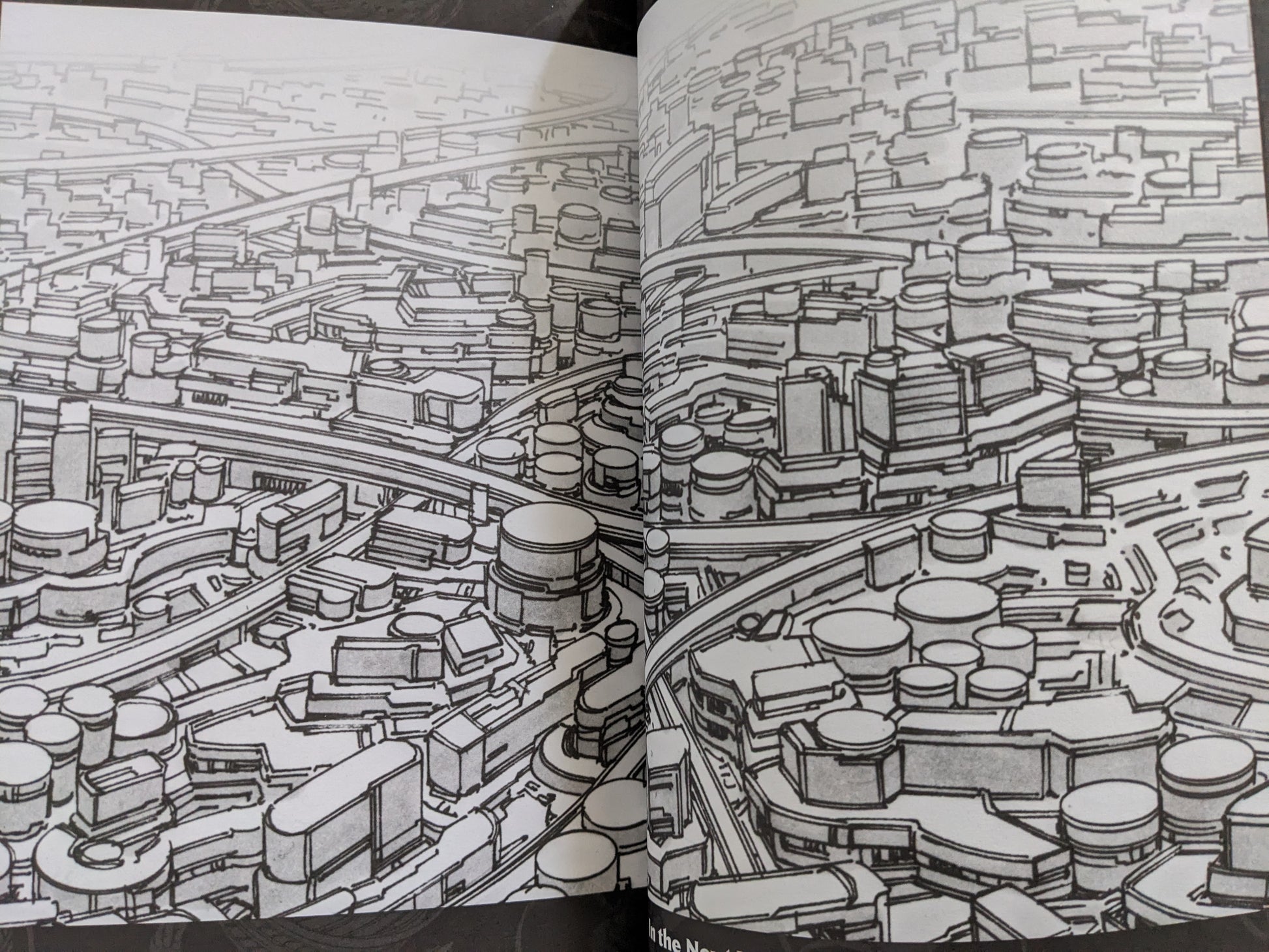 Full spread of the futuristic cityscape from a high vantage point, evoking themes of techno-overpopulation and surveillance
