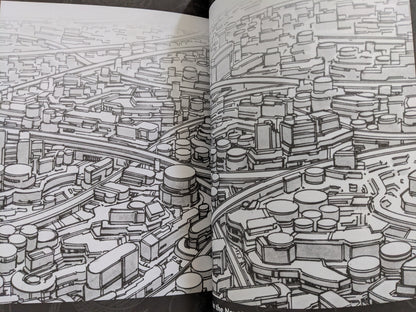 Full spread of the futuristic cityscape from a high vantage point, evoking themes of techno-overpopulation and surveillance