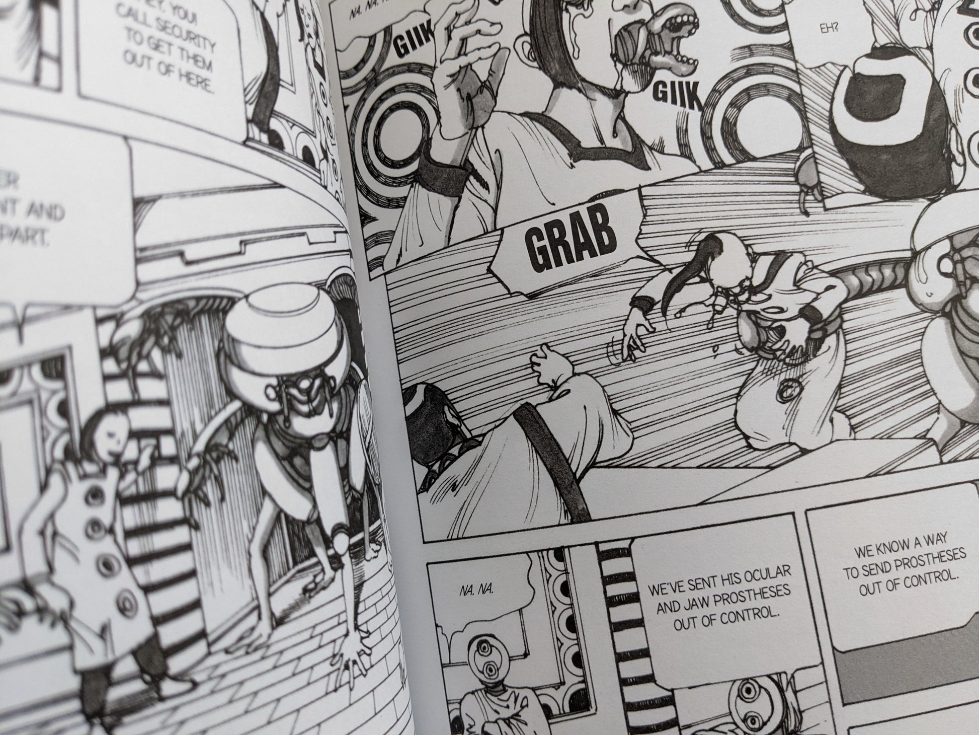 Chaotic scene in 'Parasitic City #2' with prosthetic limbs out of control and intense facial expressions.