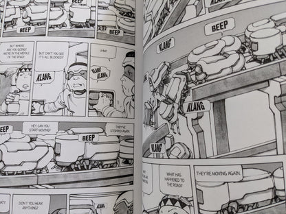 Robot vehicles clogging the road in 'Parasitic City #2' as characters navigate traffic chaos.