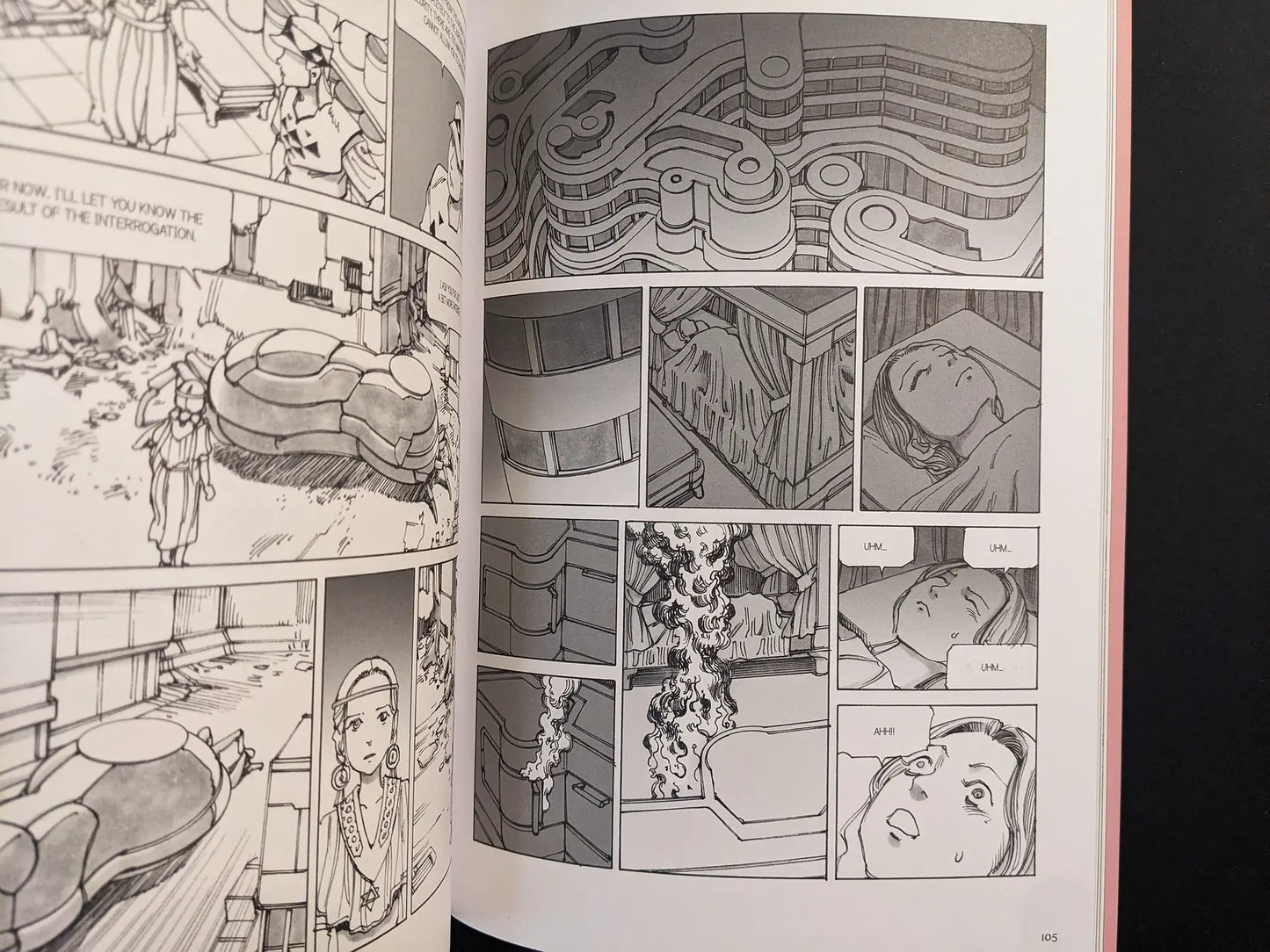 Interior spread with futuristic city architecture, a sleeping woman, and smoke-like parasite matter rising into the air.