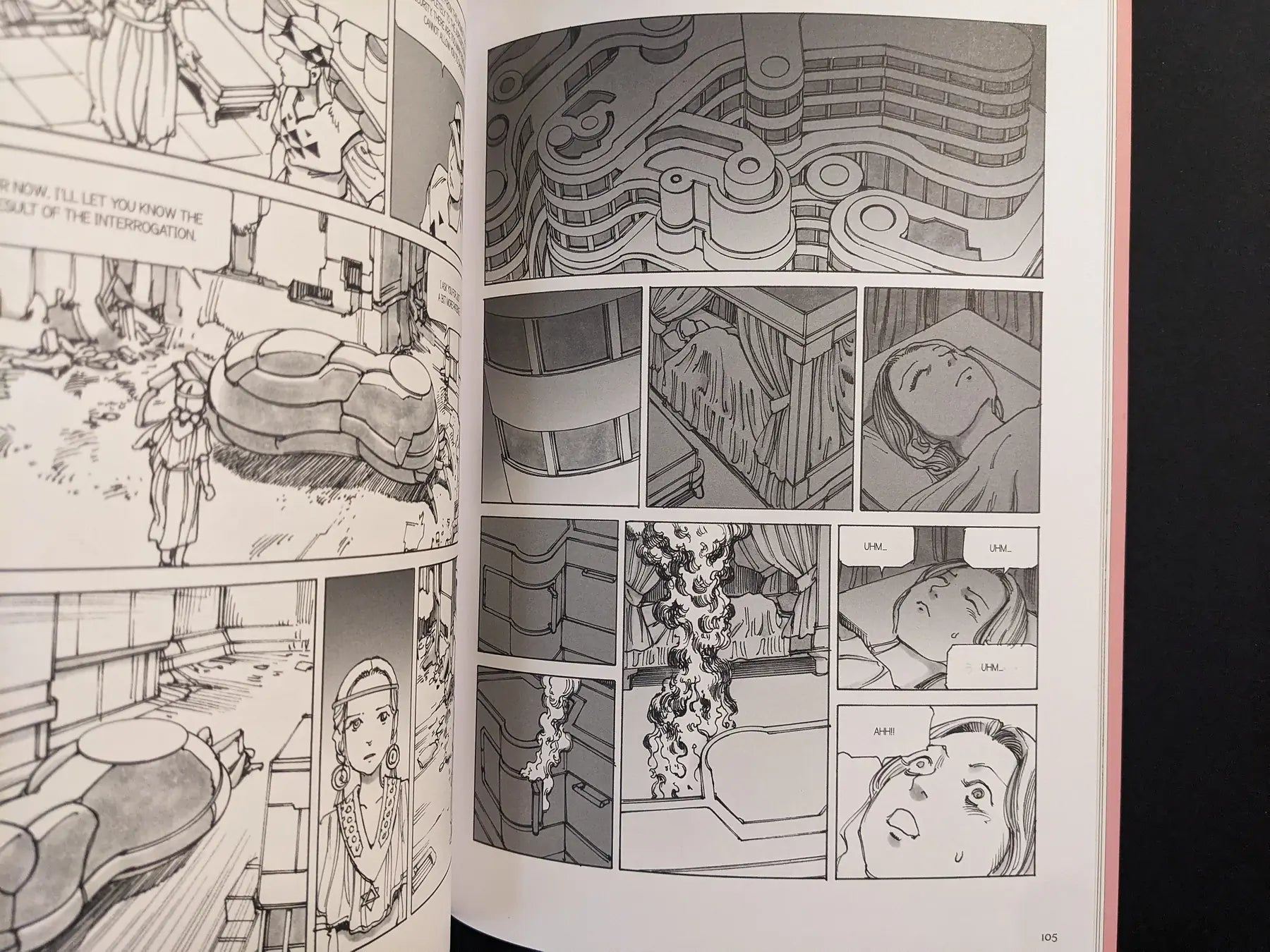 Interior spread with futuristic city architecture, a sleeping woman, and smoke-like parasite matter rising into the air.