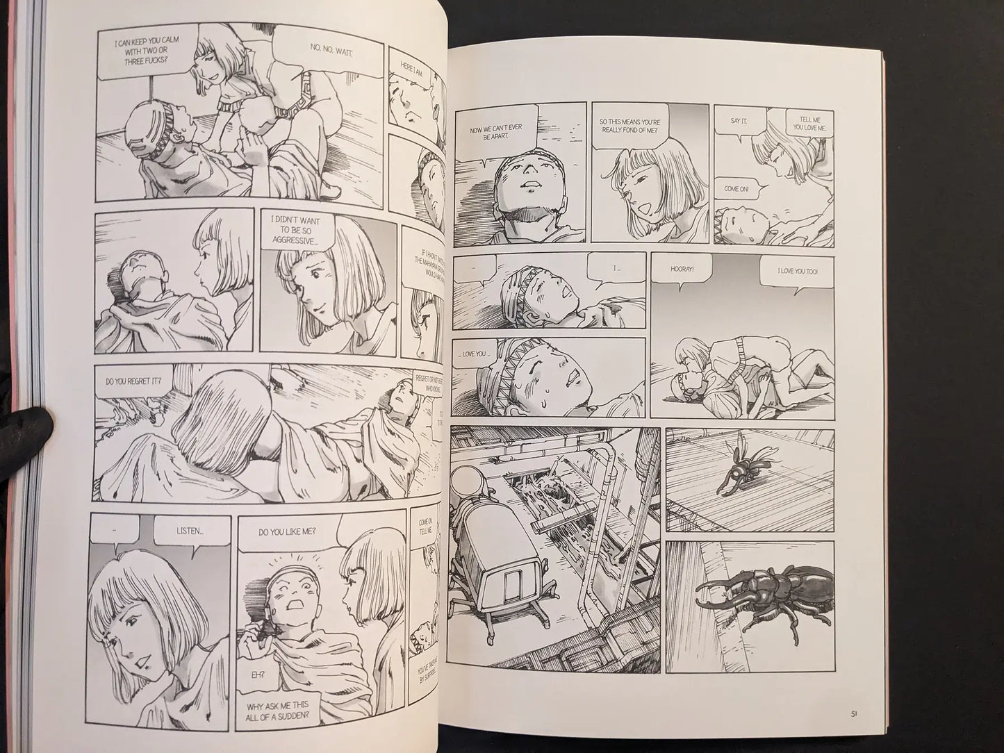Interior spread with two characters talking in a hospital bed and a beetle-like parasite on the floor.