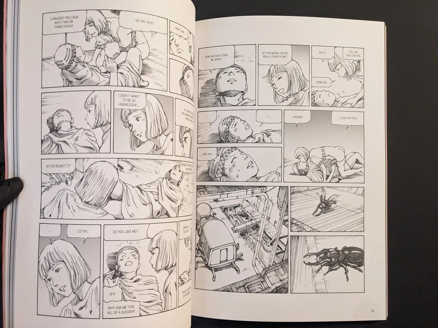 Interior spread with two characters talking in a hospital bed and a beetle-like parasite on the floor.