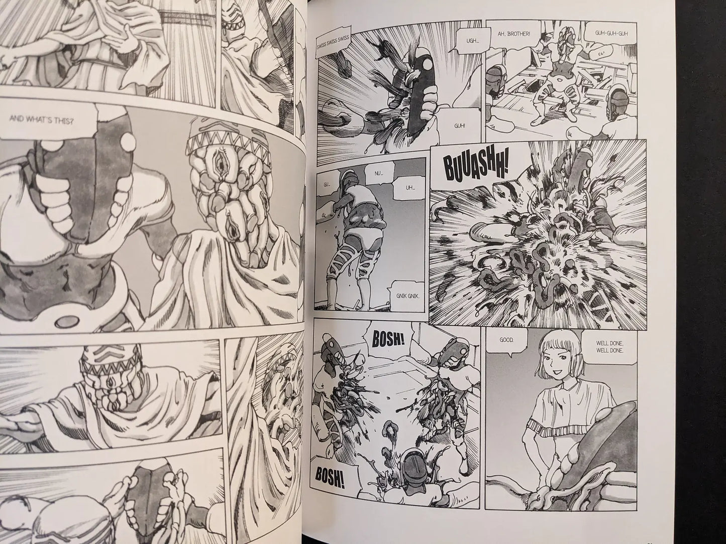 Action spread with masked figures fighting as a body bursts open in a parasite explosion.