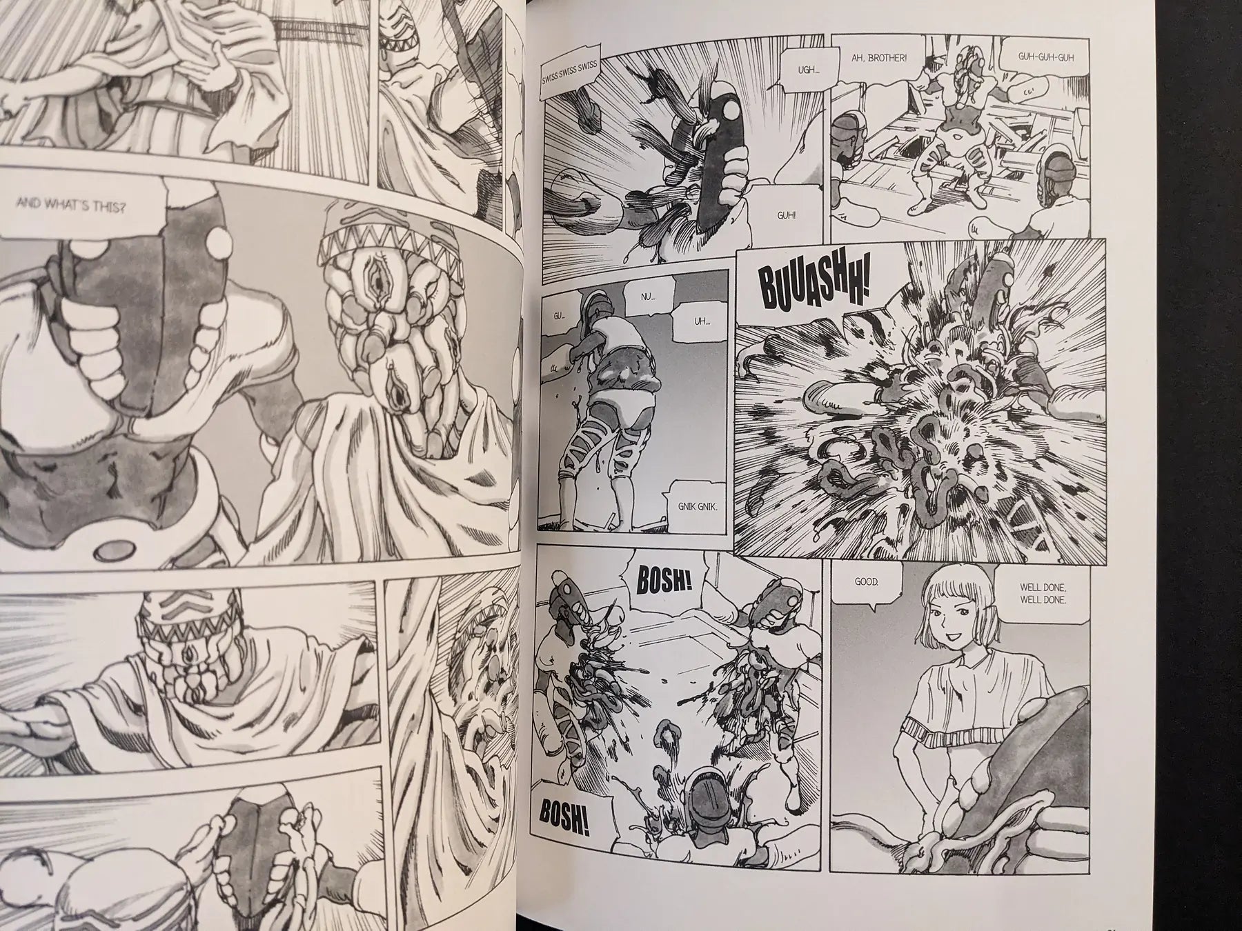 Action spread with masked figures fighting as a body bursts open in a parasite explosion.