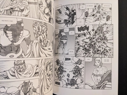 Action spread with masked figures fighting as a body bursts open in a parasite explosion.