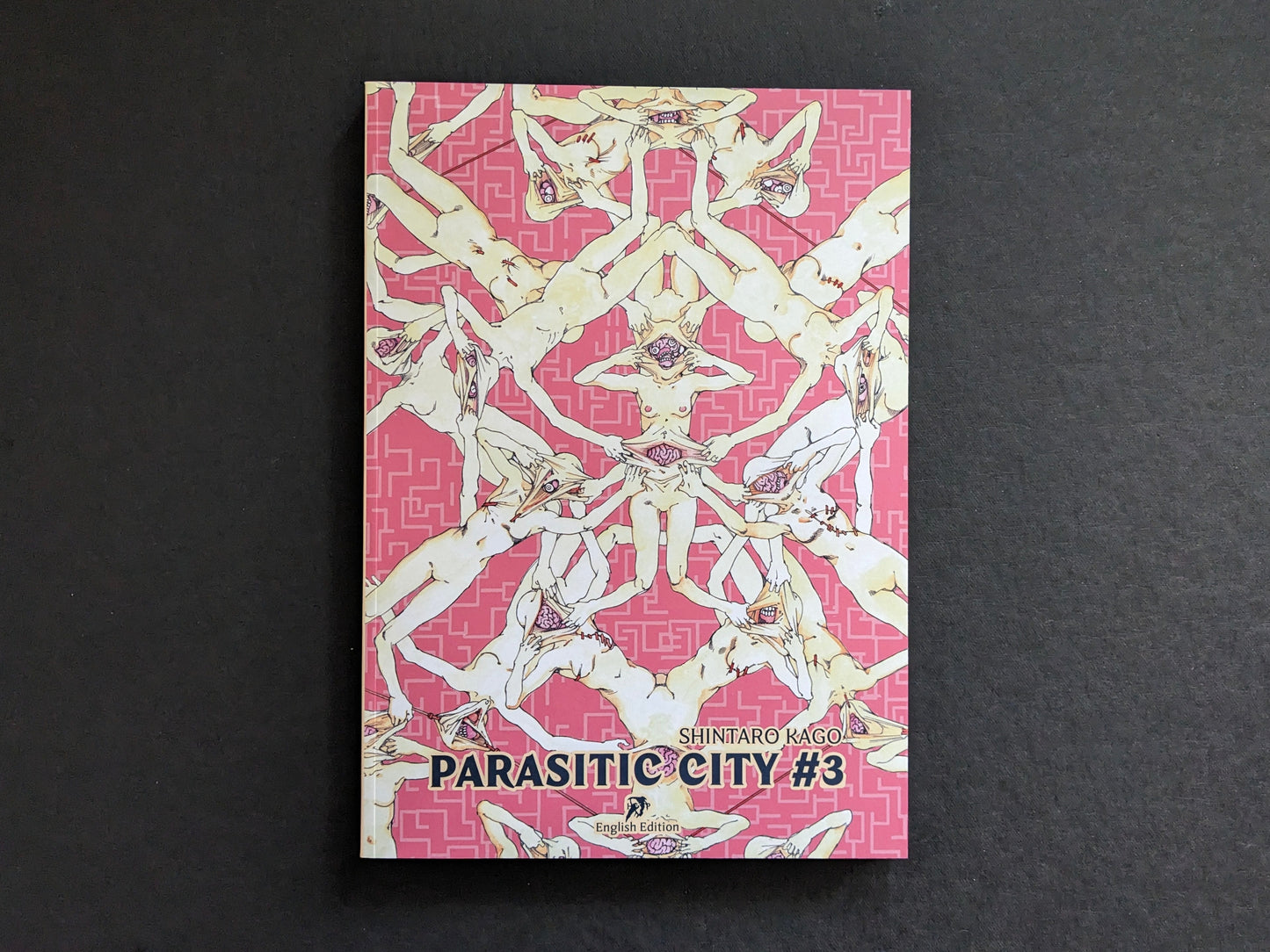 Front cover of “Parasitic City #3” English edition by Shintaro Kago with kaleidoscopic nude figures and pink maze pattern.