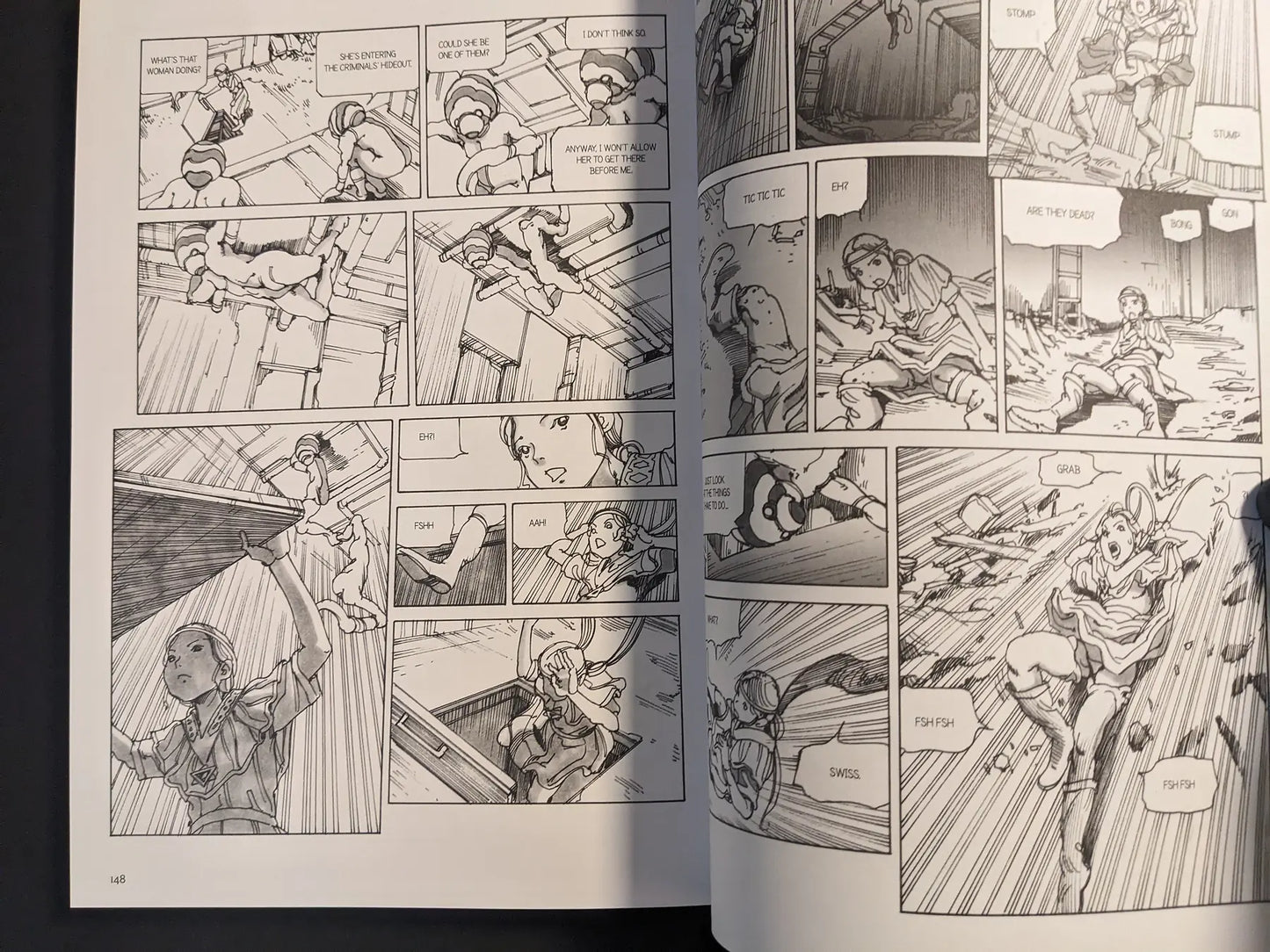 Interior pages from “Parasitic City #3” depicting a woman infiltrating a hideout, structural collapse, and a frantic rescue sequence in dynamic manga panels.