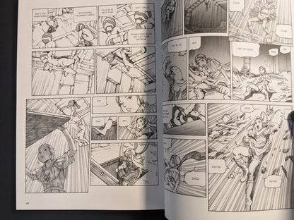 Interior pages from “Parasitic City #3” depicting a woman infiltrating a hideout, structural collapse, and a frantic rescue sequence in dynamic manga panels.