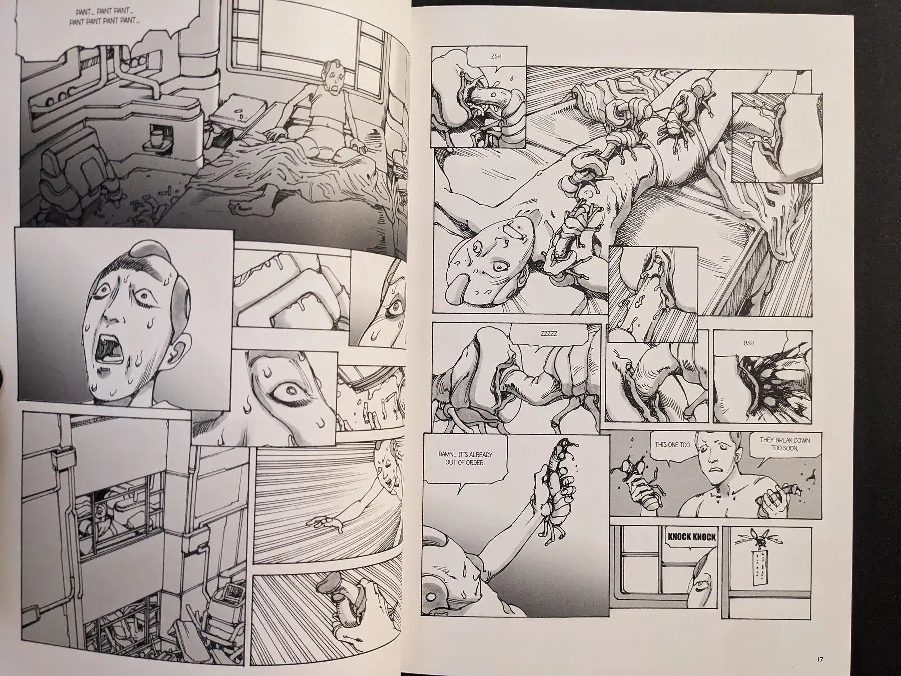 Interior spread from “Parasitic City #3” with a restrained patient covered by segmented parasites in a clinical room, drawn in grey-scale.