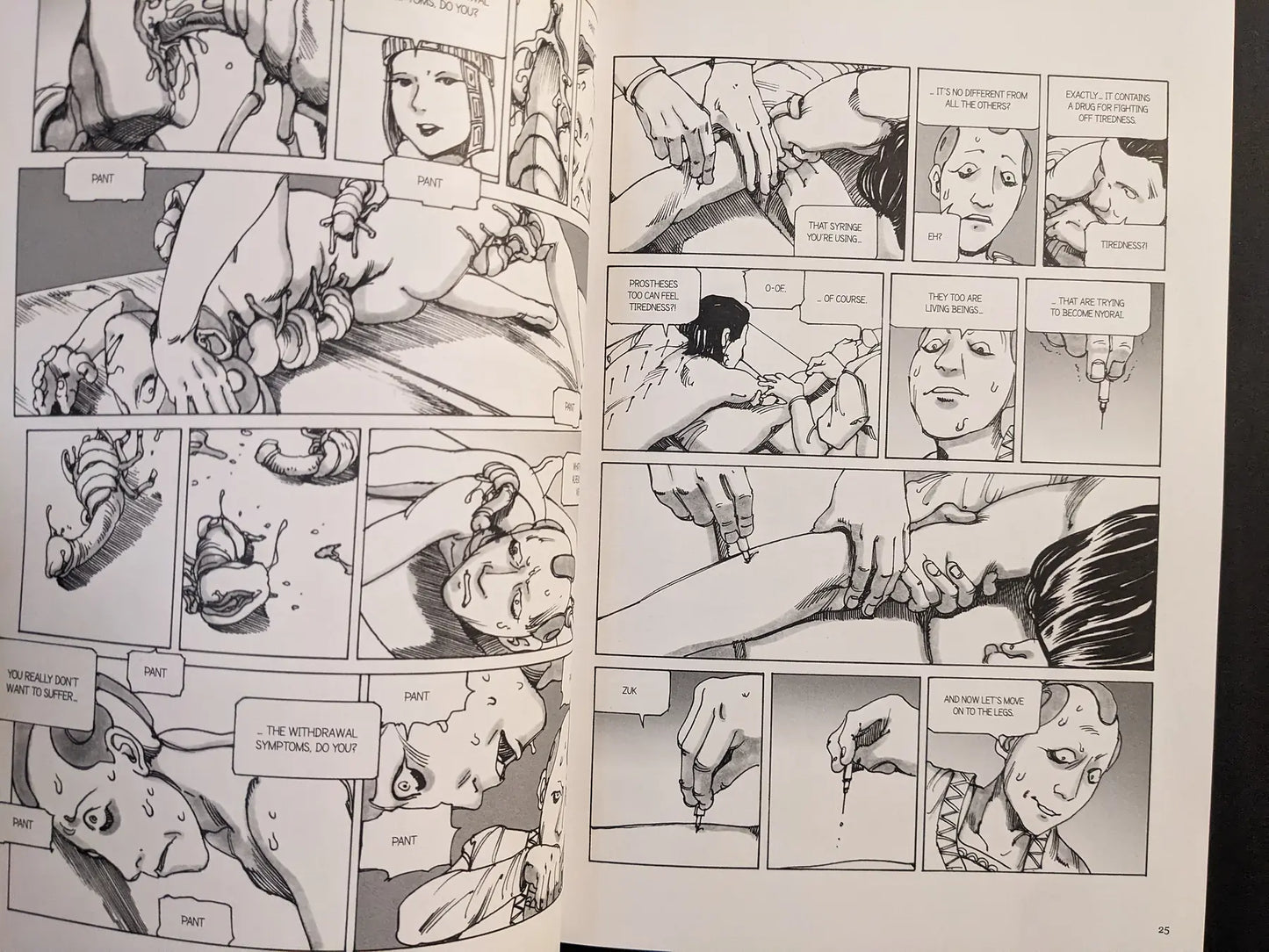 Interior pages from “Parasitic City #3” where parasites crawl over a sweating man while a woman administers injections as part of a treatment ritual.