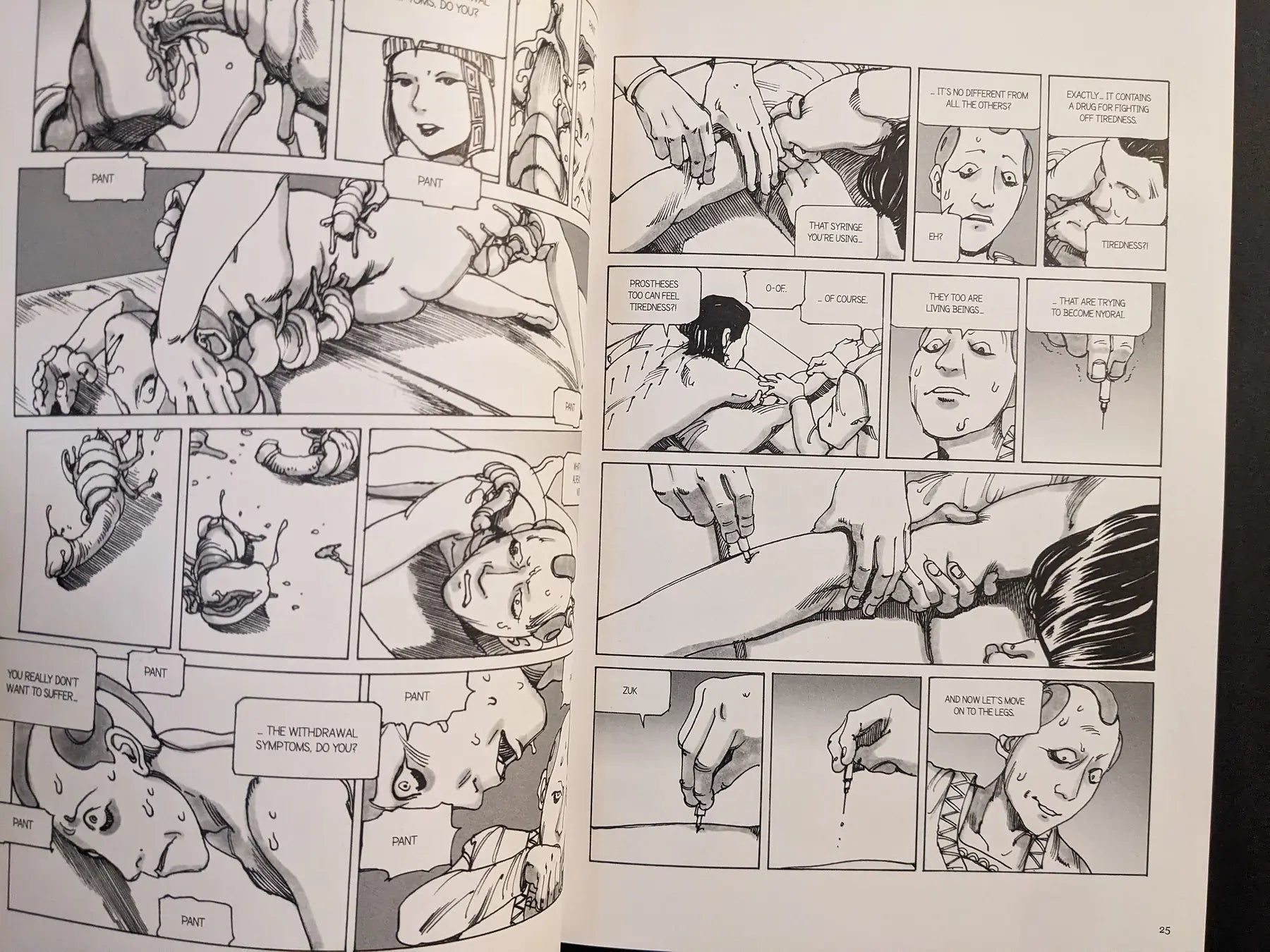 Interior pages from “Parasitic City #3” where parasites crawl over a sweating man while a woman administers injections as part of a treatment ritual.