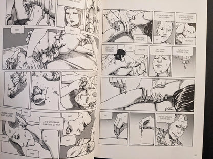 Interior pages from “Parasitic City #3” where parasites crawl over a sweating man while a woman administers injections as part of a treatment ritual.