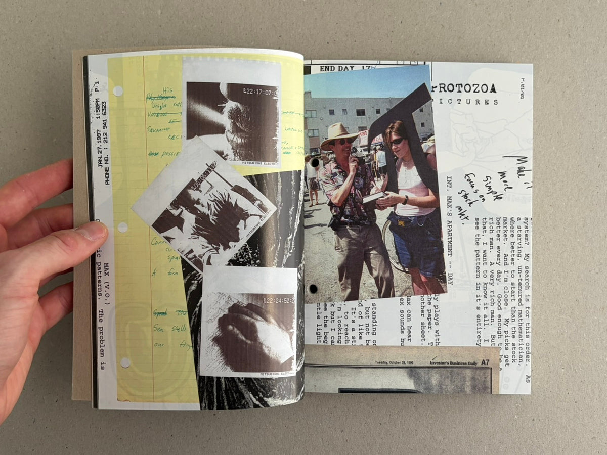Open spread from Pi: The Guerilla Diaries with a collage of production images, handwritten notes, and a map page.