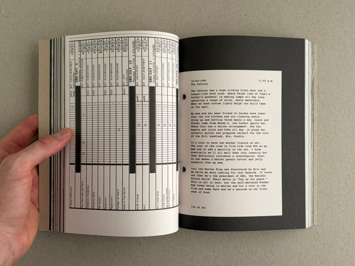 Open spread from Pi: The Guerilla Diaries with a production schedule page and a diary entry.