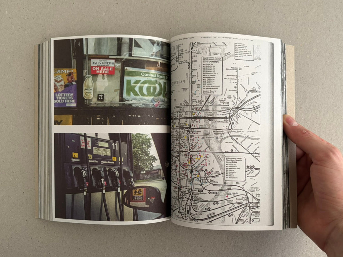 Open spread from Pi: The Guerilla Diaries with a street photograph, a New York map page, and a gas station image.