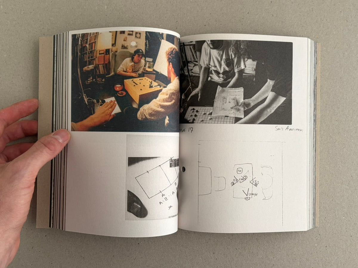 Open spread from Pi: The Guerilla Diaries with two production photos and a hand-drawn floor plan.