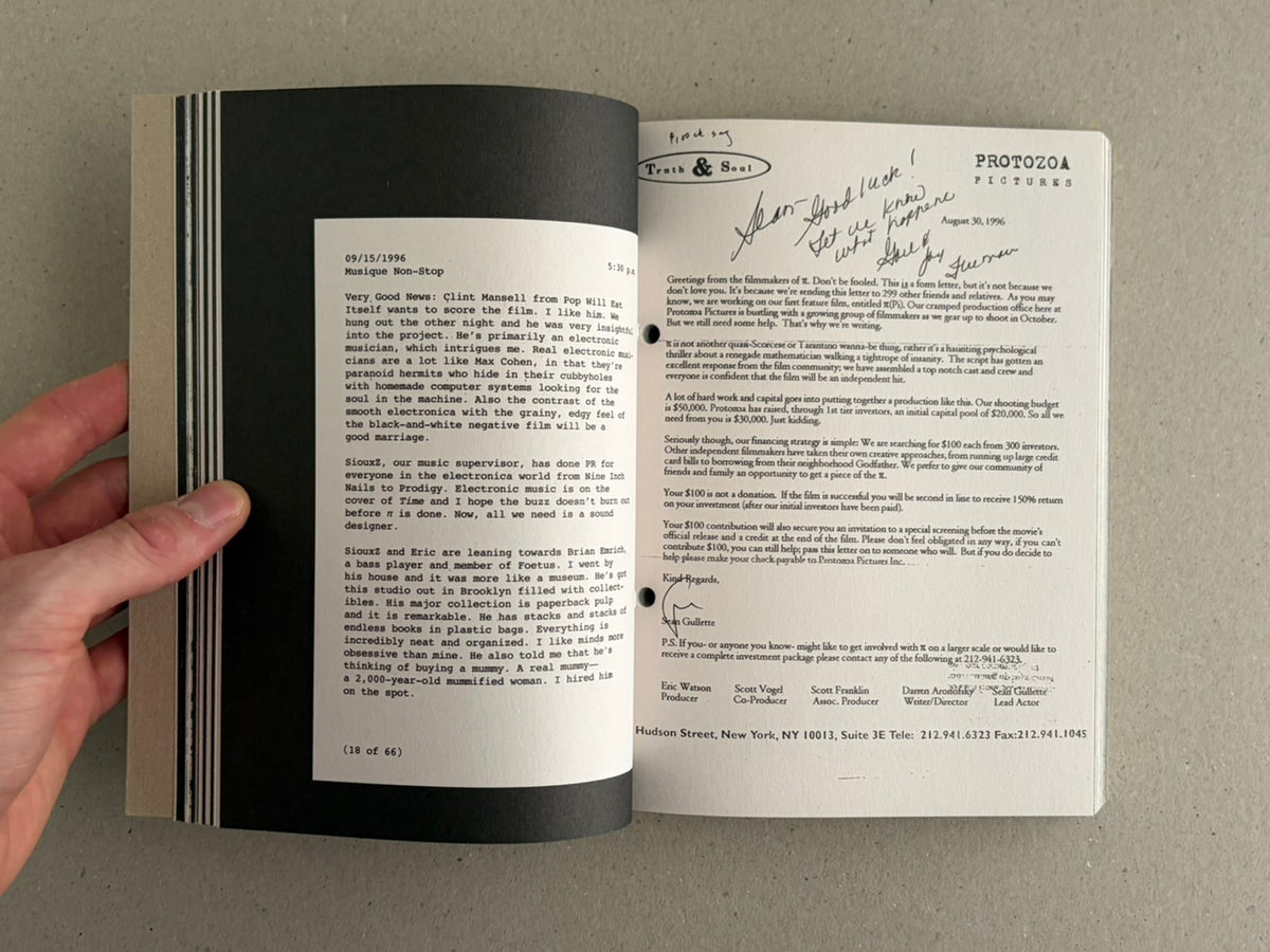 Open spread from Pi: The Guerilla Diaries with dated diary entries and a production letter on the facing page.