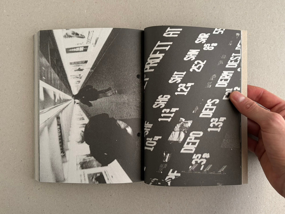 Open spread from Pi: The Guerilla Diaries with a black-and-white image on the left and a page of repeated typographic marks on the right.