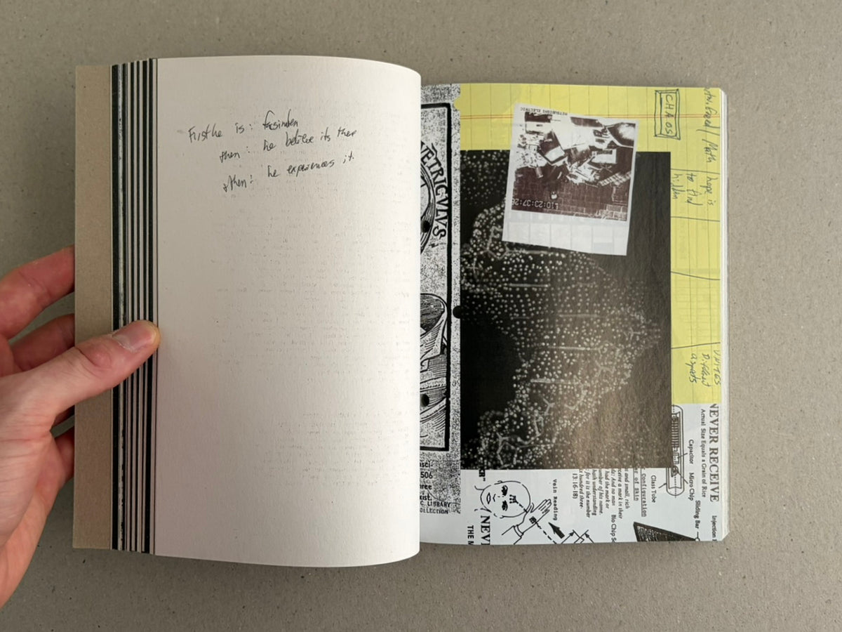 Open spread from Pi: The Guerilla Diaries with handwritten notes and a collage of clipped images and printed ephemera.